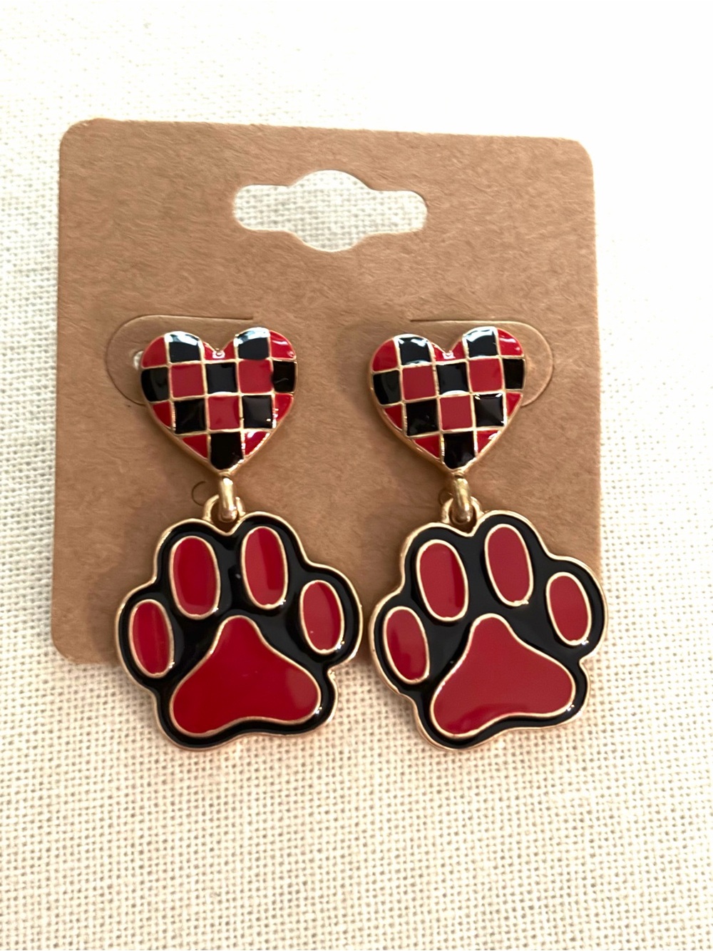 Heart & Paw Red Black Enamel Dog Earrings - Bulldogs Collegiate